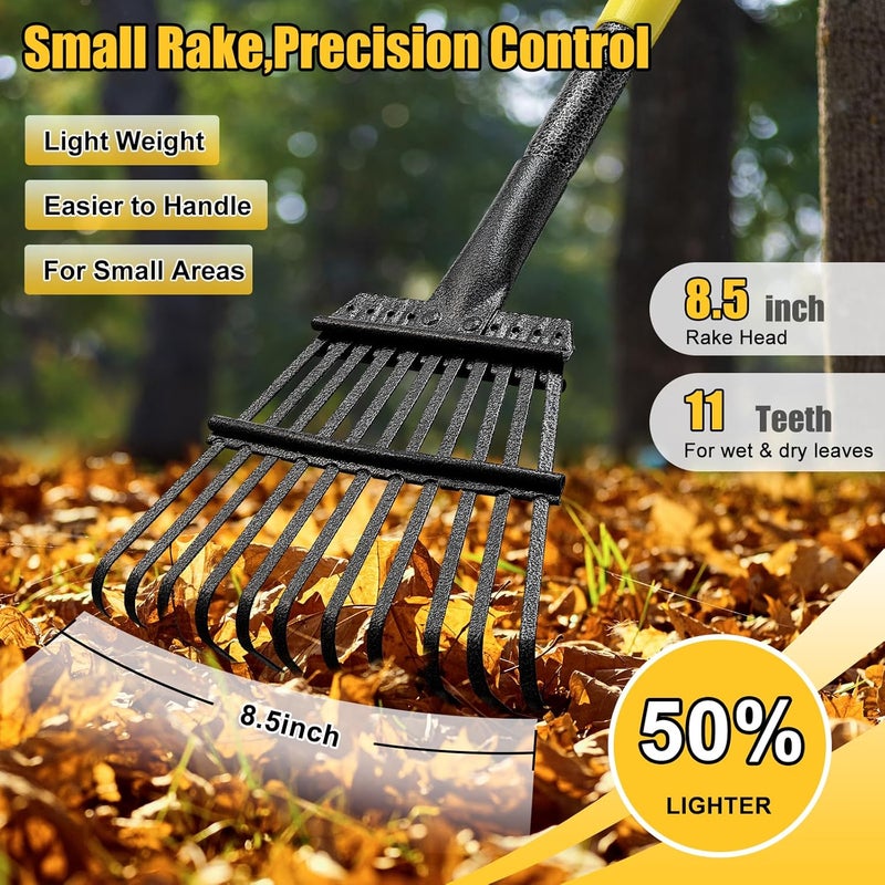 Lilyvane Rake for Leaves: Small Metal Garden Rake, 8.5" Wide, 11 Metal Tines,Heavy Duty Lightweight Kids Leaf Rakes for Small Lawn Yard Shrub,Tight Spot Garden Bed Leaf Debris Picking Cleaning, 60” Long Handle - Image 2